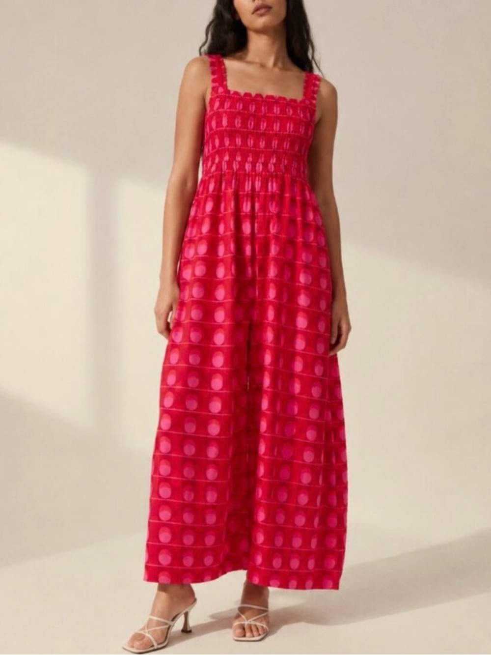 Zara Bright Red Dot-Pattern Smocked Maxi Dress
